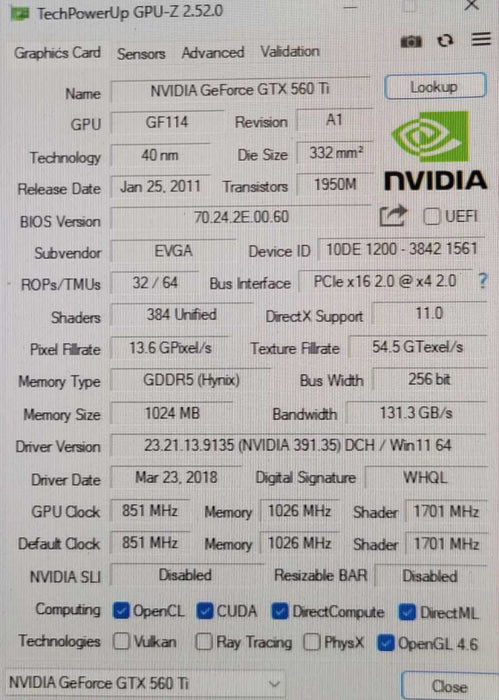 EVGA NVIDIA GTX 560Ti 1GB