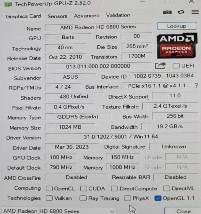 ASUS AMD RADEON 6850 1GB