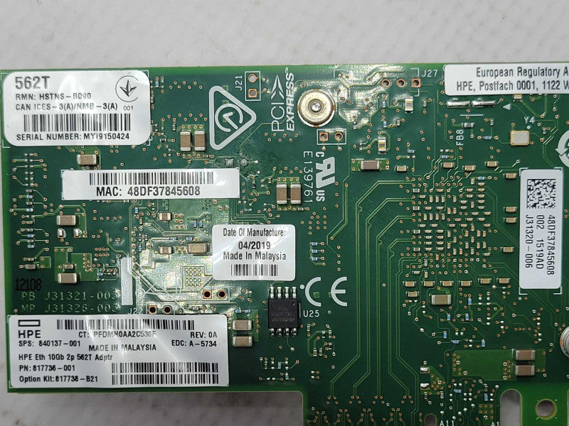 HP 562T 2P 10GB Base-T RJ-45 PCIe Network Interface Adapter 840137-001, FH _