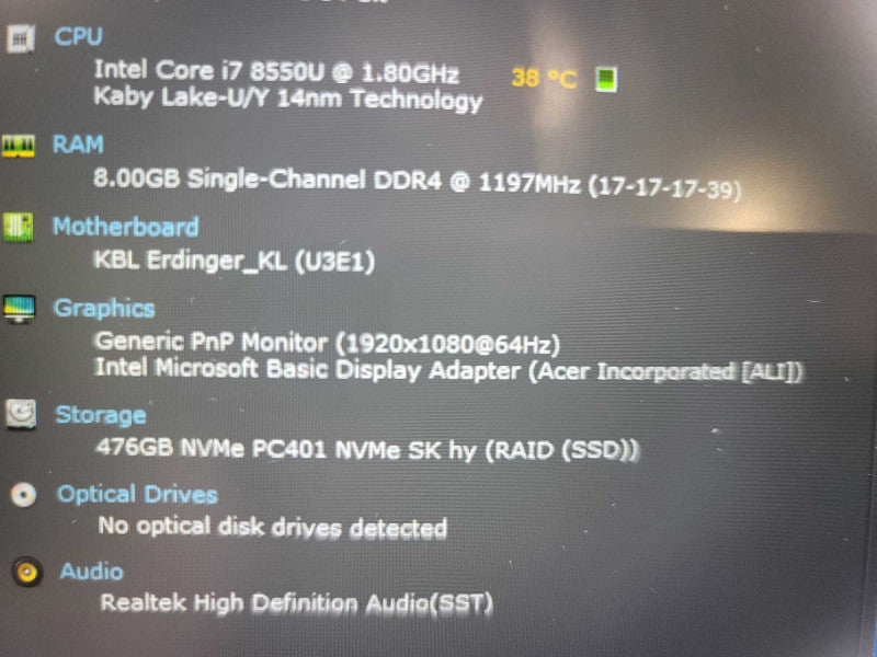 Acer Swift 3 i7-8550U @ 1.80GHz, 8GB DDR4, 500GB SSD QÎ²