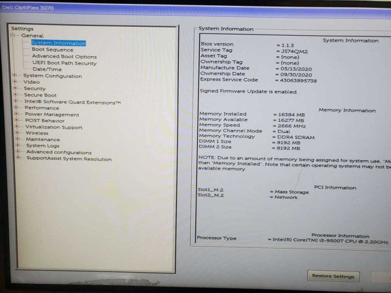 Dell OptiPlex 3070 USFF  PC i5-9500T CPU @  2.20 GHz 16GB