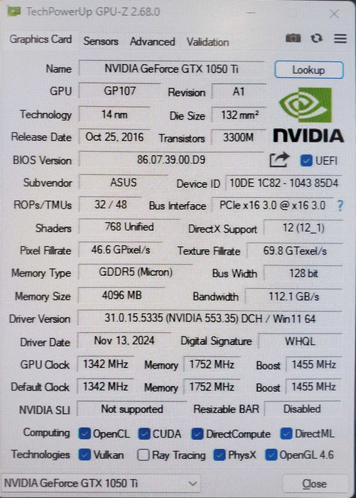 ASUS NVIDIA GeForce GTX 1050 Ti 4GB GPU (DUAL-GTX1050TI-O4G)