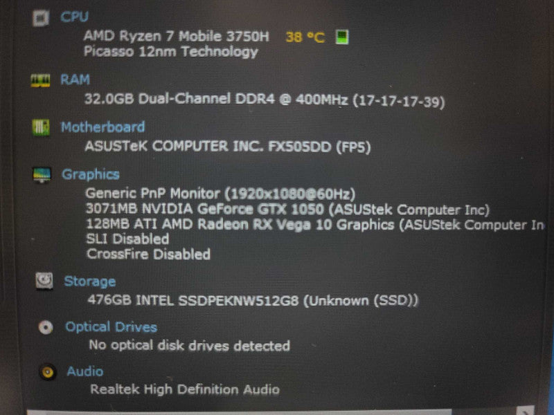 ASUS Tuf FX505D AMD Ryzen 7 3750H, 32GB DDR4, 3GB GeForce GTX 1050, 512GB SSD Î²