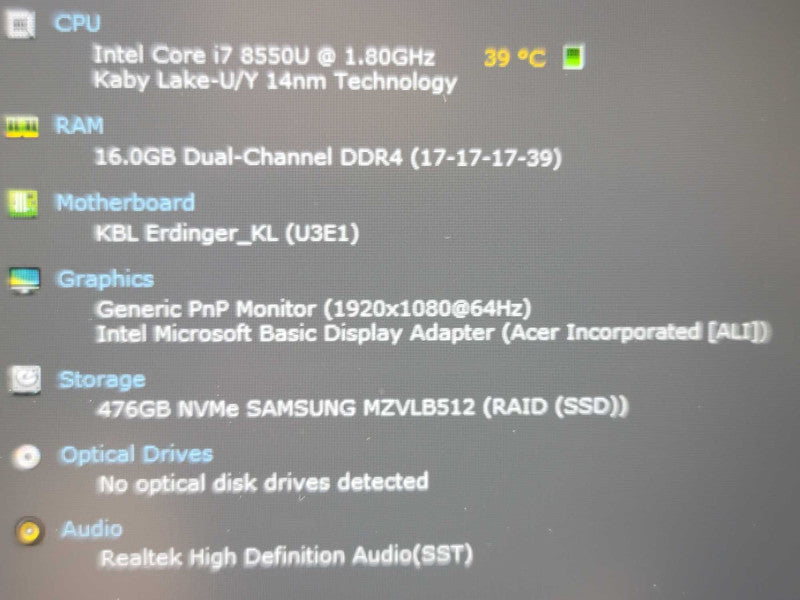 Acer Swift 3 SF315 i7-8550U @ 1.80GHz, 16GB DDR4, 512GB SSD QÎ²