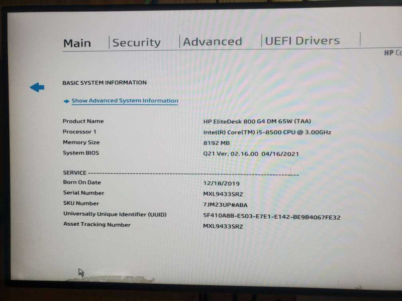 HP EliteDesk 800 G4 USFF Core i5-8500 CPU @ 3.00GHz 8GB RAM   Q