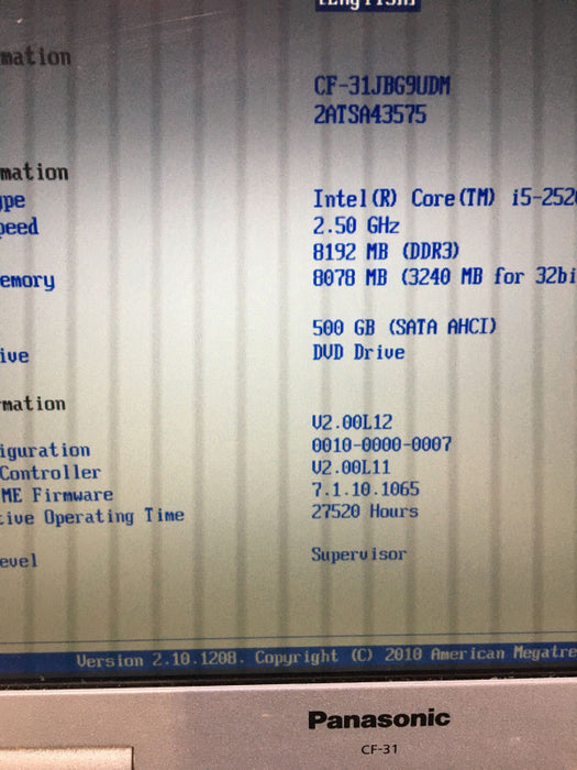 Panasonic ToughBook CF-31 Intel Core i5-2520M @2.50 GHz 8GB RAM 500 GB HDD