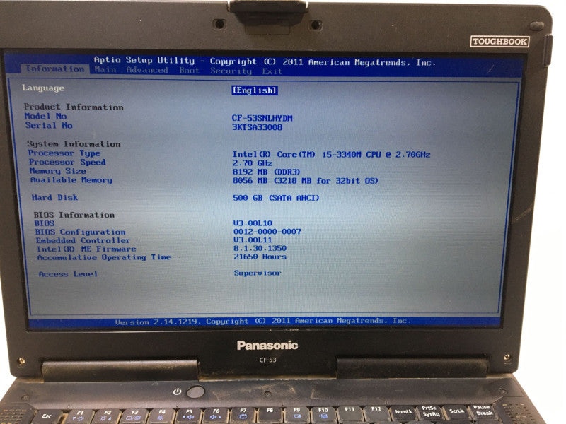Panasonic ToughBook CF-53 Intel i5-3340M @ 2.7 GHz 8 GB RAM 500 GB HDD READ!