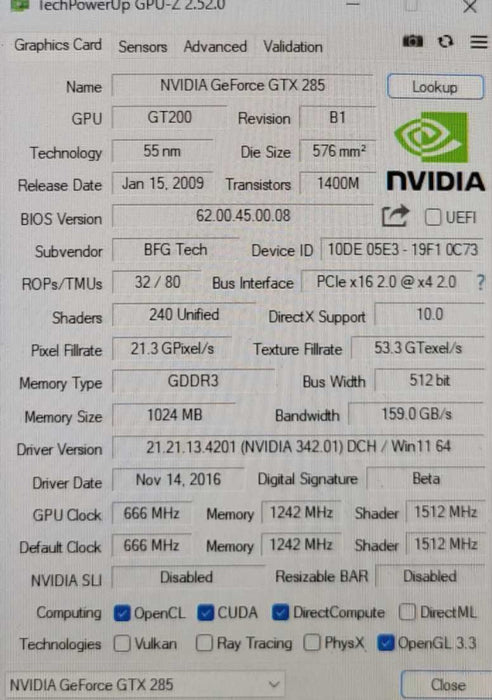BFG TECH NVIDIA GTX 285 OC 1GB Q