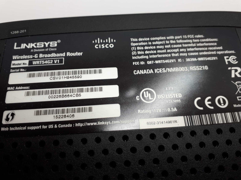 LINKSYS By Cisco Wireless G Broadband Router Model WRT54G2 Wi-Fi Brand &