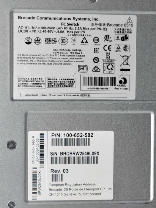 Brocade DS-6510B 48-Port 16Gb FC Switch EM-6510-24-16G-R 24-Port Act 2x PSU _