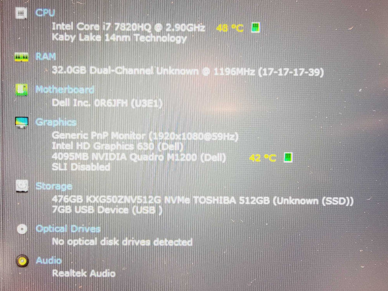 Dell Precision 5520 Core i7-7820HQ@2.9GHz 32GB Ram 500GB NVME Quadro M1200 4G (
