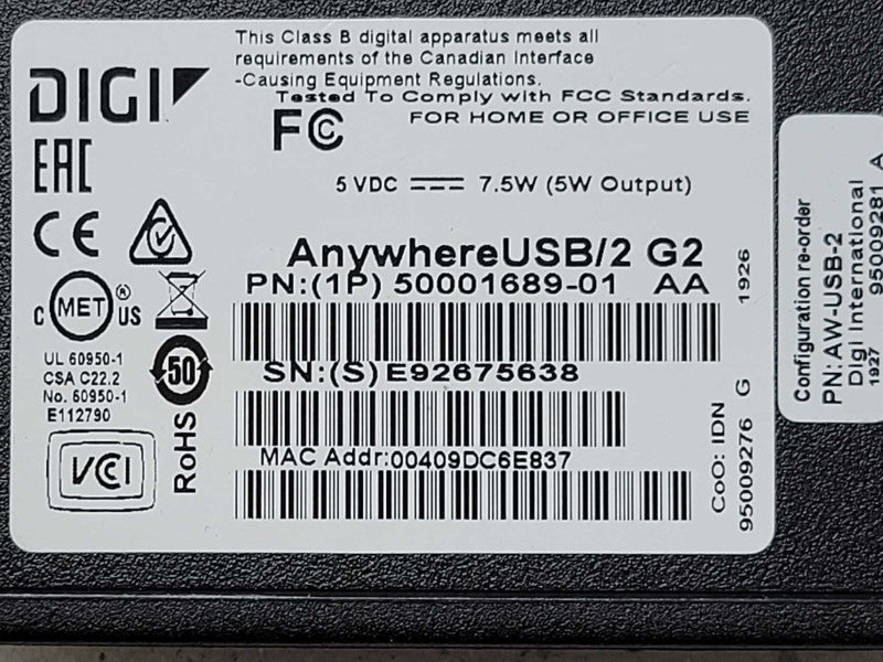 Digi AnywhereUSB/2 G2 50001689-01 Remote I/O Concentrator _