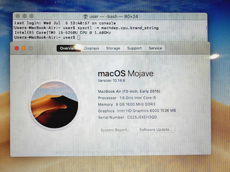 Macbook Air 2015 13\\" Core i5-5250U @ 1.6GHz 8GB DDR3 120GB SSD (