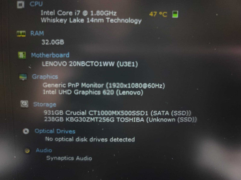 Lenovo ThinkPad E590 i7-8565U @ 1.80GHz, 32GB DDR4, 256GB SSD + 1TB  Î²