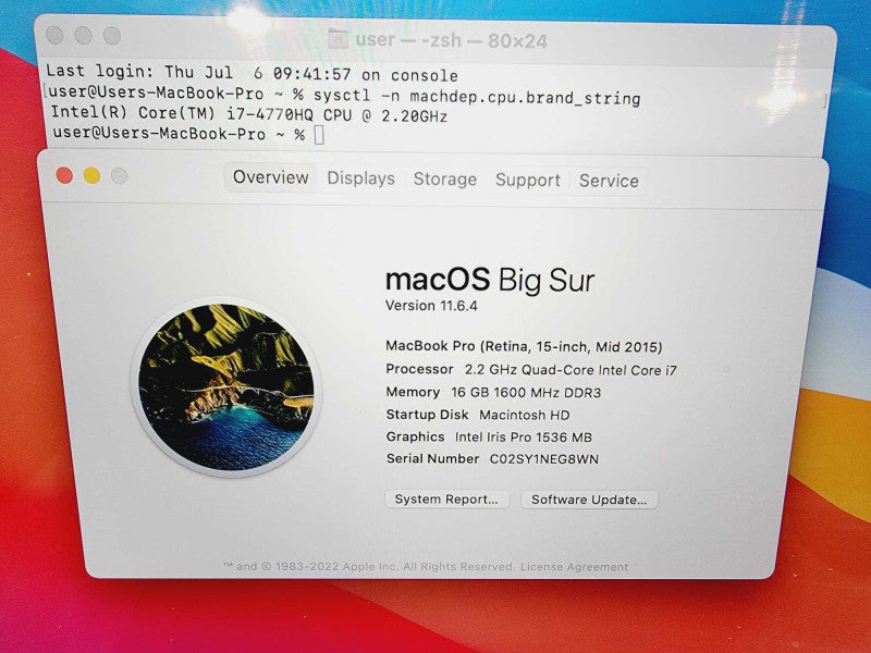 Apple Macbook Pro 2015 15\\" Core i7-4770HQ @ 2.2GHz 16GB DDR3 250GB SSD (