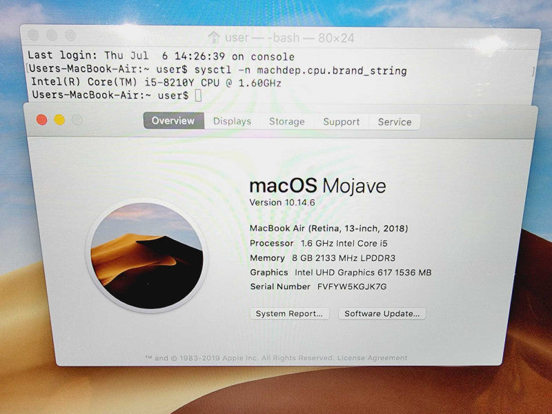 Apple Macbook Air Retina 2018 13\\" Core i5-8210Y @ 1.6GHz 8GB DDR3 250GB SSD (