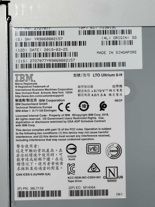 IBM LTO Ultrium 6-H  SAS HH Drive Asm 39U3428 2727077 internal tape drive Q_