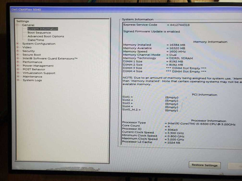 Dell Optiplex 5040 SFF i5-6500 CPU  @ 3.20GHz 16GB RAM