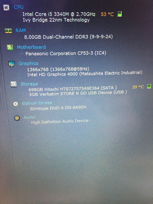 Panasonic TOUGHBOOK CF-53 Laptop i5-3340M @2.7GHz 8GB RAM 750GB HDD