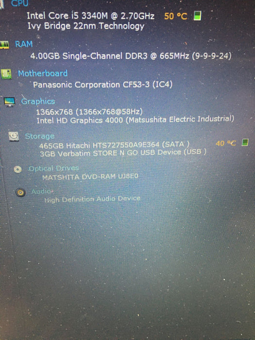 Panasonic TOUGHBOOK CF-53 Laptop i5-3340M @ 2.7 GHz 4GB RAM 500GB HDD READ!