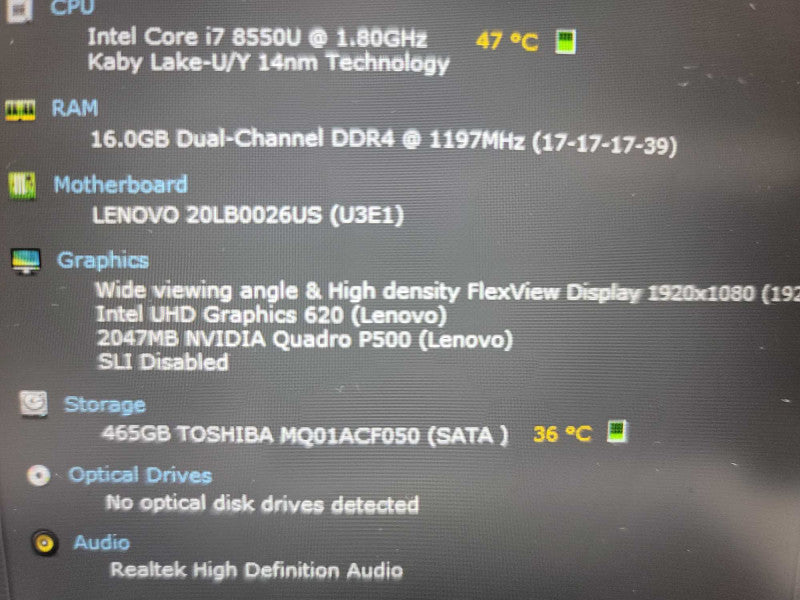 Lenovo ThinkPad P52s i7-8550U, 16GB DDR4, 2GB NVidia Quadro P500, 500GB HDD Î²