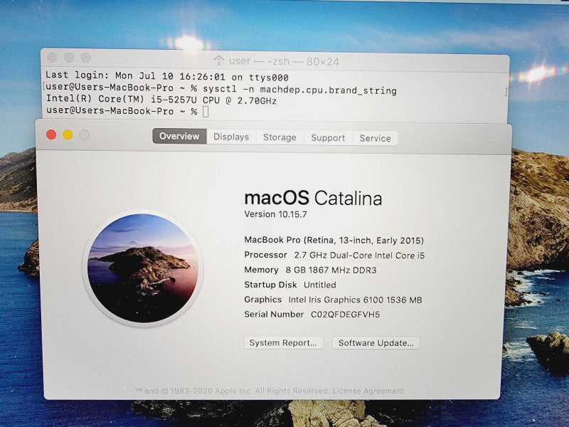 Apple Macbook Pro 2015 Core i5-5257U @ 2.7GHz 8GB DDR3 250GB SSD (