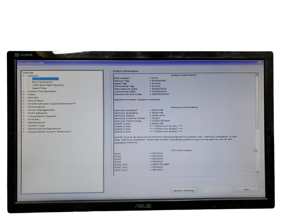 Dell Optiplex 7080 Tower, i7-10700@2.90GHz, 8GB DDR4, 256GB NVMe, No OS
