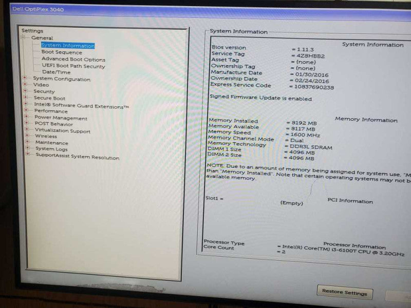 Dell Optiplex 3040 Micro Mini Core i3-6100T CPU @ 3.20GHz 8GB