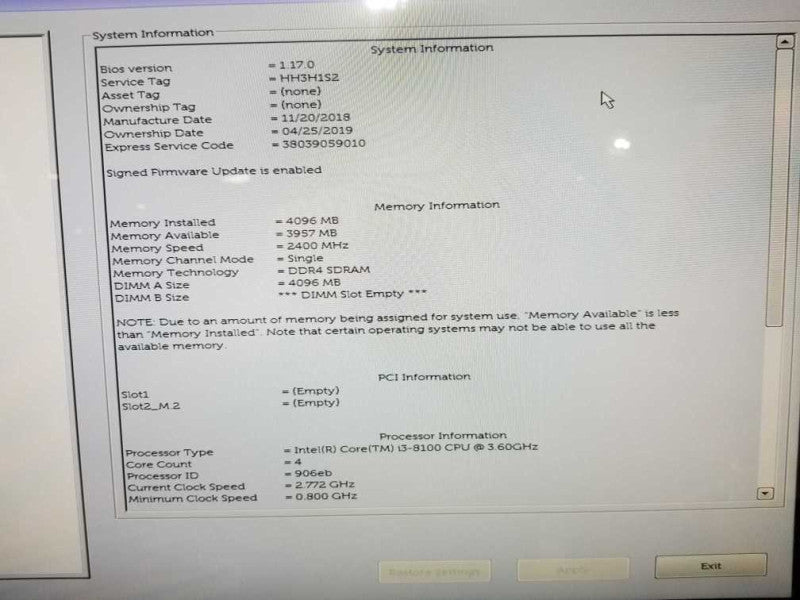 Dell Optiplex 5260 AiO 21.5\\" I3-8100 @ 3.60ghz / 4gb ram / READ Q#