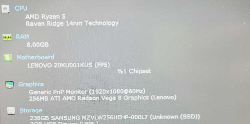 LENOVO ThinkPad E485 14\\" 1920x1080 Ryzen 5 2500U 2GHz AMD 8GB RAM 256GB SSD =