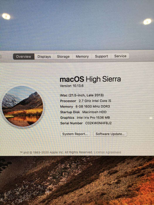 Apple iMac 21.5-inch Late 2013 Intel Quad-Core i5-4570R 8GB RAM 1TB HDD