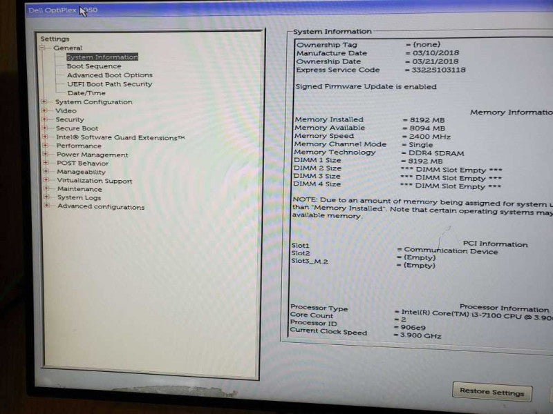 Dell Optiplex 5050 SFF Intel Core i3-7100 CPU @ 3.90GHz 8GB RAM Q