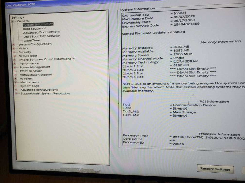 Dell OptiPlex 5070 i3-9100 CPU @  3.60GHz 8GB Ram