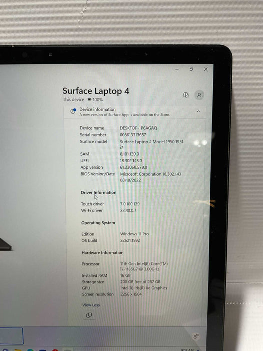 Surface Laptop 4 Core i7 -1185G7 @3.00GHz 16GB RAM 256GB Storage  -