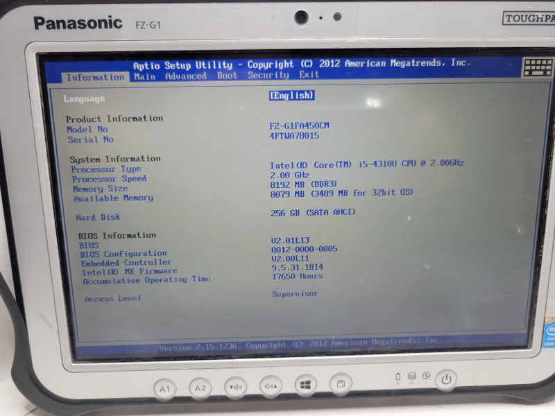 Panasonic ToughPAD FZ-G1, Core I5-4310U 2.0GHz, 8GB RAM, 256GB Read _