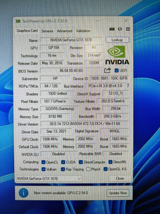 HP NVIDIA GeForce GTX 1070 8GB -