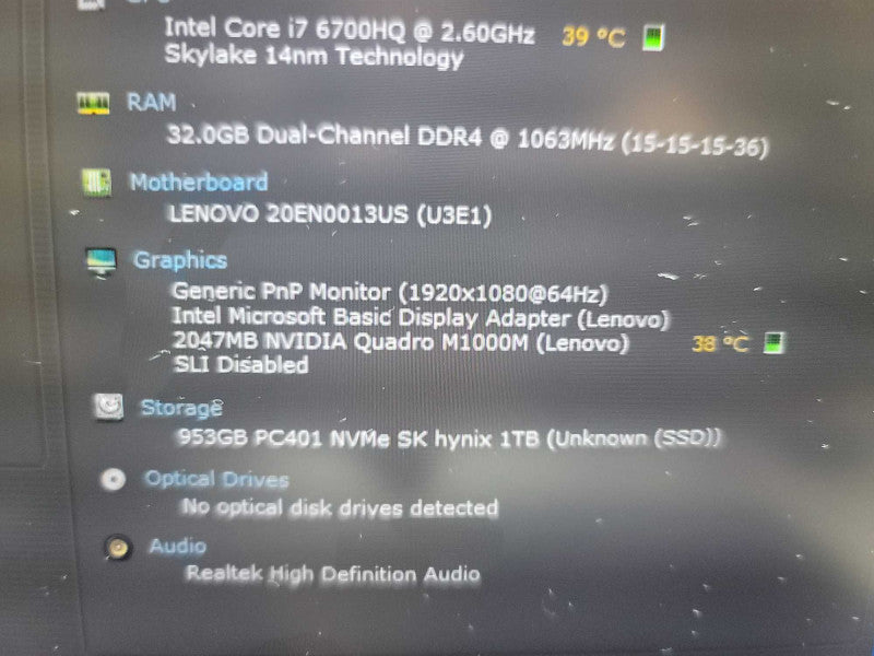 Lenovo  P50 i7-6700HQ @ 2.60GHz 32GB DDR4, 2GB Nvidia Quadro M1000M, 1 TB SSD Î²