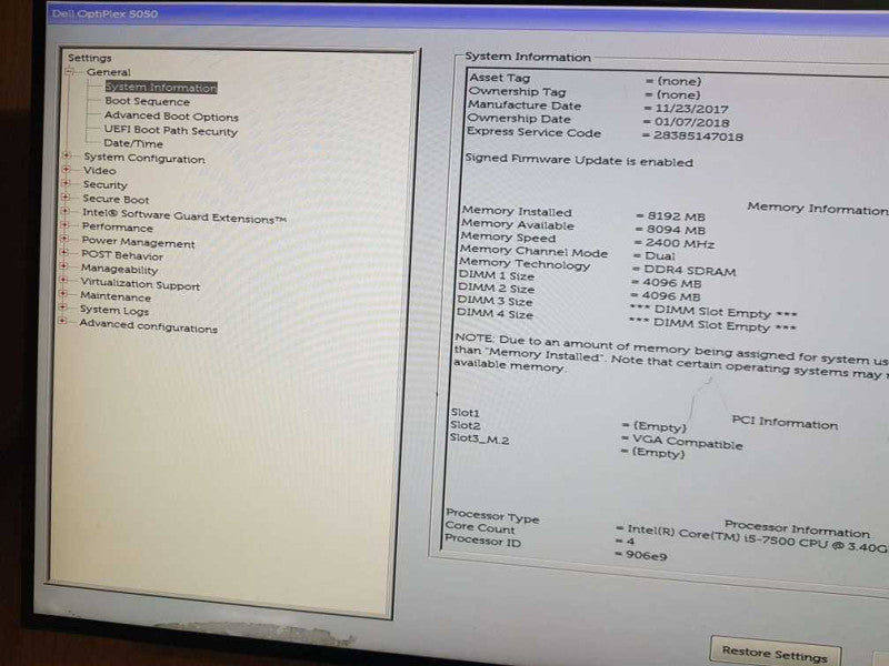 Dell Optiplex 5050 SFF Intel Core i5-7500 CPU @ 3.40GHz 8GB RAM. Q