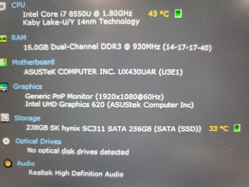 ASUS ZenBook UX430U i7-8550U @1.80Hz, 16GB DDR4, 256GB SSD Î²