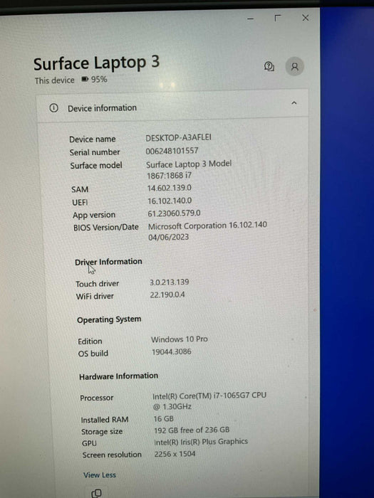 Surface Laptop 3 Core i7-1065G7 16GB RAM 256GB Storage READ -