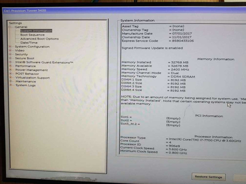 Dell Precision Tower 3420  Intel Core i7-7700 CPU @ 3.60GHz 32GB DDR4 Ram