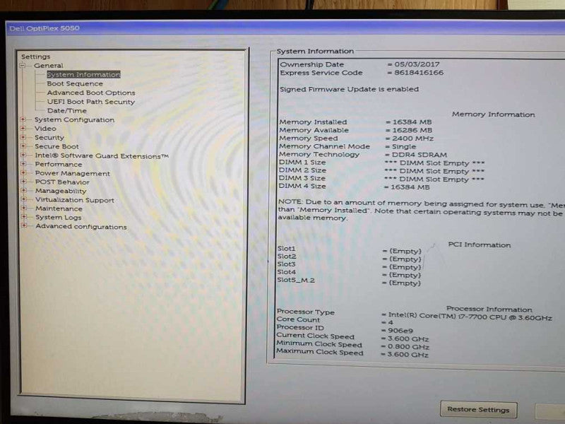 DELL OPTIPLEX 5050  i7-7700 CPU @  3.60 GHz  16 GB DDR4 Ram