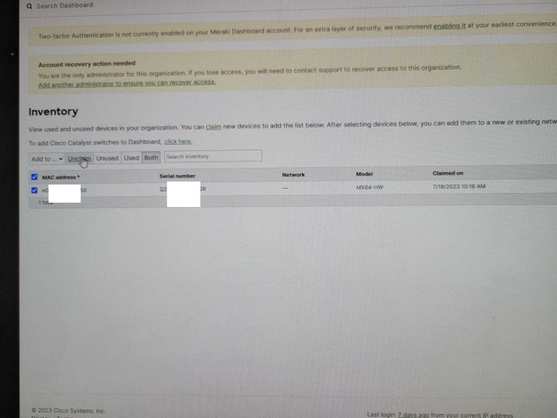 Cisco Meraki MX84-HW Cloud Managed Security Appliance UNCLAIMED _