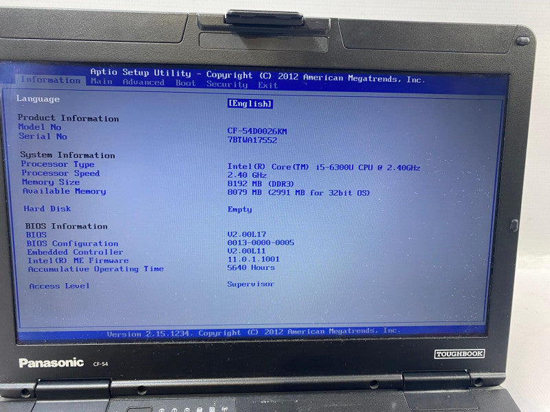 Panasonic TOUGHBOOK CF-54 Laptop 5640hrs i5-6300U @2.40 GHz 8GB RAM 240GB SSD