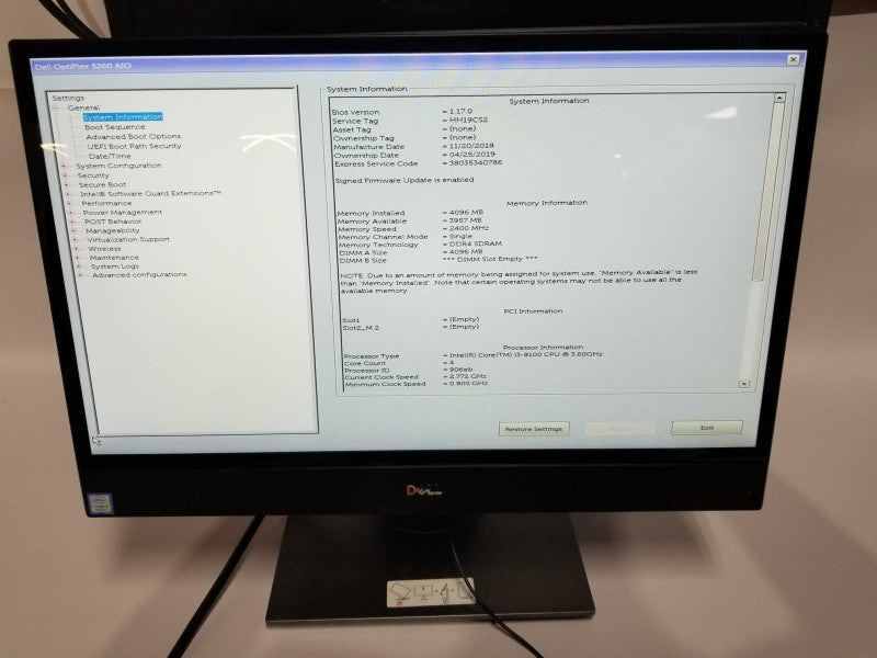 Dell Optiplex 5260 AiO i3-8100 @ 3.60ghz / 4gb ram / READ #
