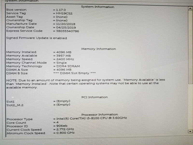 Dell Optiplex 5260 AiO i3-8100 @ 3.60ghz / 4gb ram / READ #