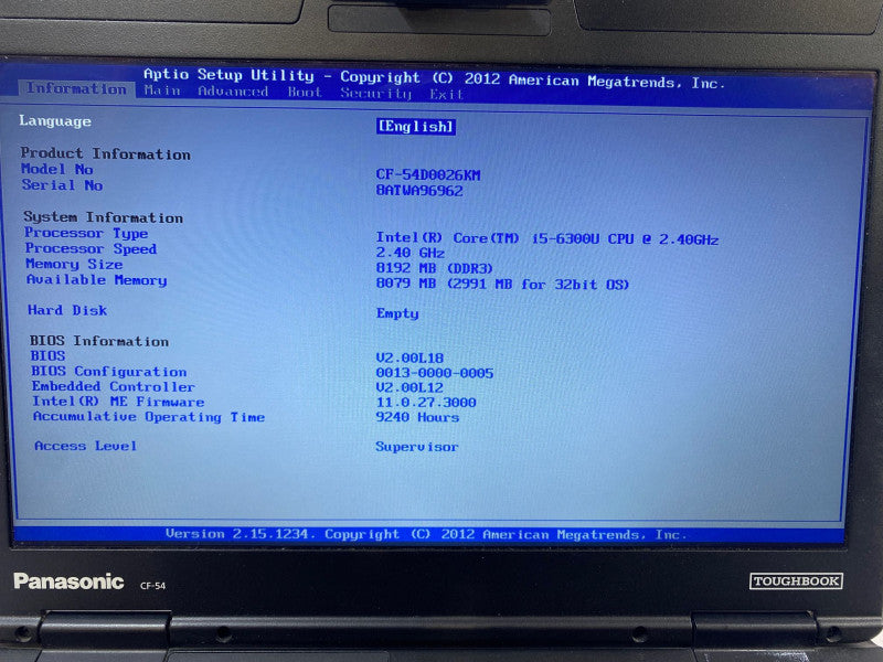 Panasonic TOUGHBOOK CF-54 Laptop 9240hrs i5-6300U @2.40 GHz 8GB RAM 500GB HDD