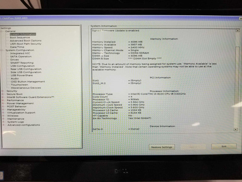 Dell Optiplex 5260 AiO i3-8100 @ 3.60ghz / 4gb ram / READ #