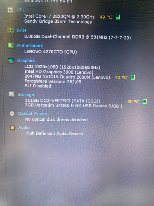 Lenovo ThinkPad W520 Workstation Laptop i7-2820QM QUADRO M2000M 8GB 120 SSD