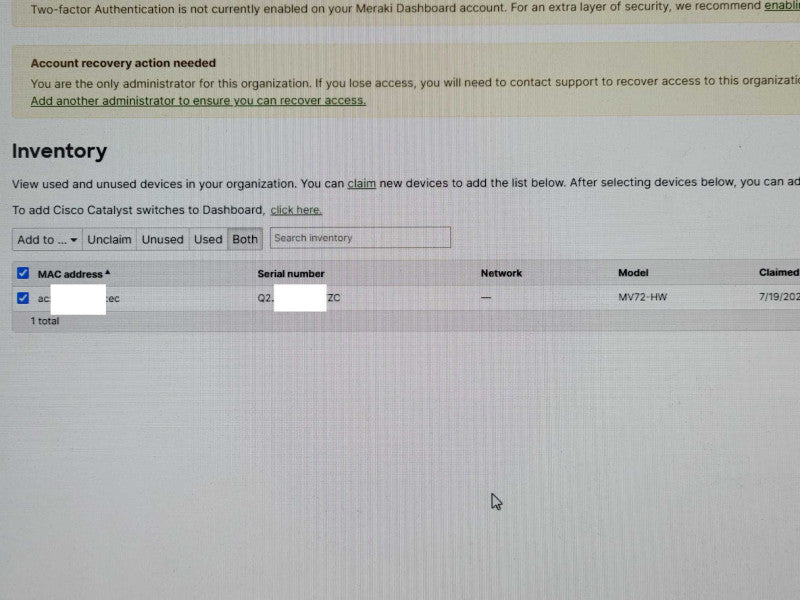 Cisco MV72-HW Meraki IP Dome Camera, UNCLAIMED _